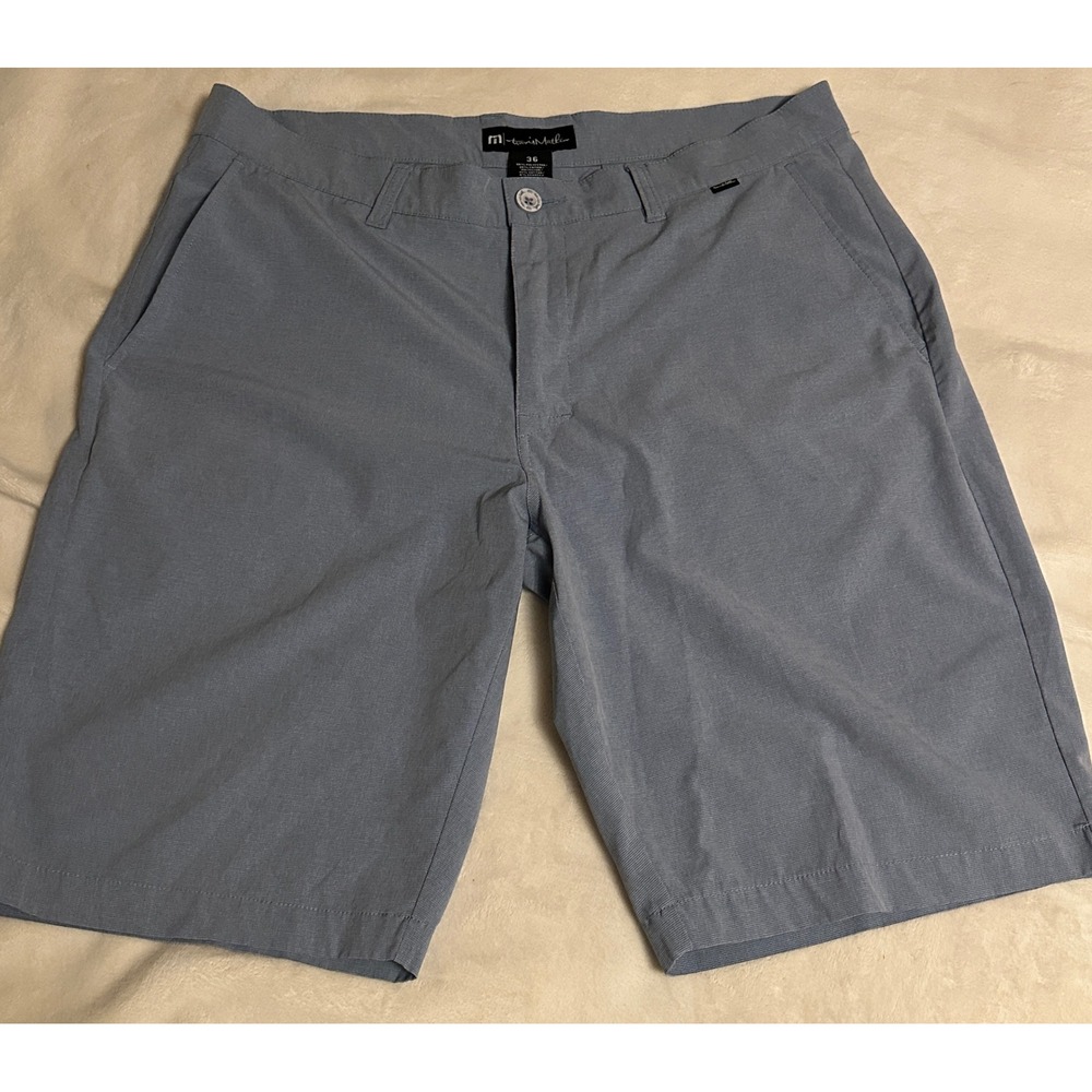 Travis Mathew Mens Golf Shorts Blue Micro Check Stretchy Sz 36 Preppy Athleisure